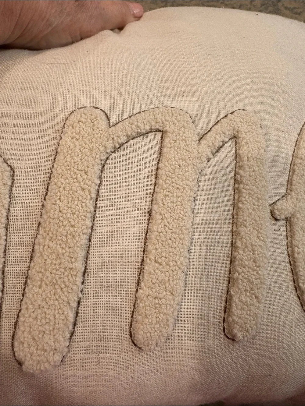 Accent pillow monochromatic cream color. Raised Home embroidery. Neutral